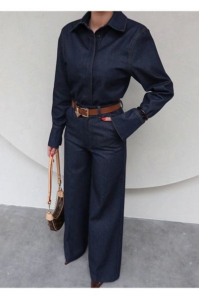 Ecenin Favorileri Pantaloni de damă din denim, 100% bumbac, albastru bleumarin închis