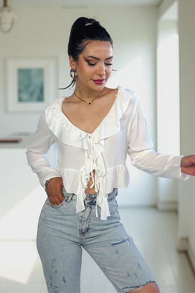 Kübra Tekstil Λευκή μακρυμάνικη μπλούζα βισκόζης κανονικής εφαρμογής με μπλούζα με δίσκο με δίσκο