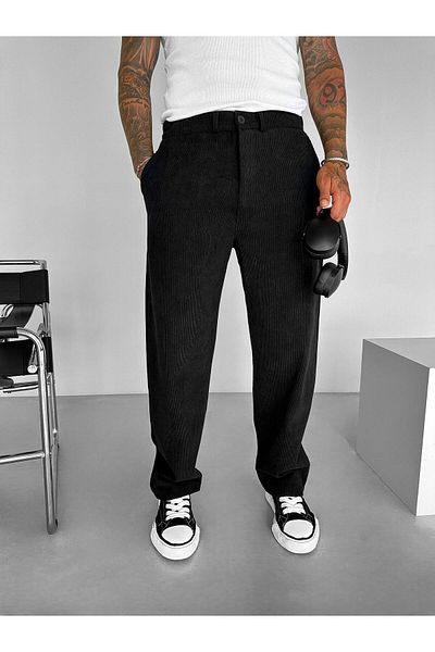 ablukaonline Ανδρικό παντελόνι Baggy Fit Velvet Wide Fit Loose Leg Μαύρο