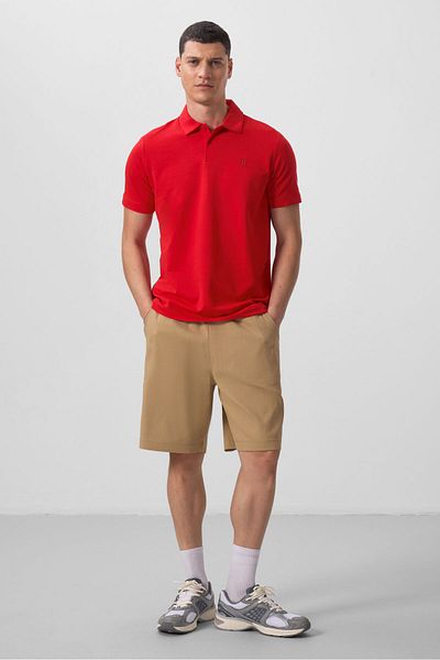 TOMMY LIFE Σκούρο μπεζ Standard Fit υφαντό ελαφρύ εύκαμπτο ανδρικό σορτς Chino - 81290