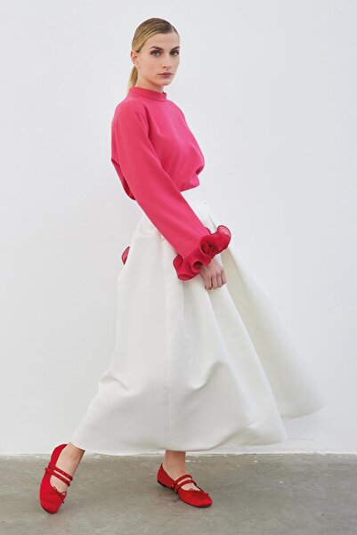 KADRİYE BAŞTÜRK Ole Pleated High Waist Taffeta Skirt Ecru