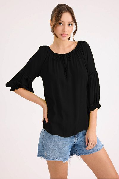 Vitrin Elastic Sleeve Front Tie Linen Blouse