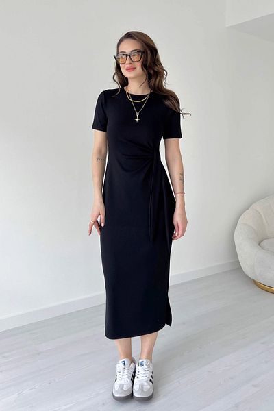 Aventien Rochie midi neagră din țesătură modal cu legare laterală
