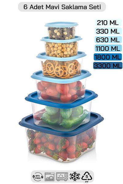 HOMENIVA 6 Size Square Storage Container Set - Storage Container Suitable for Microwave and Deep Freezer