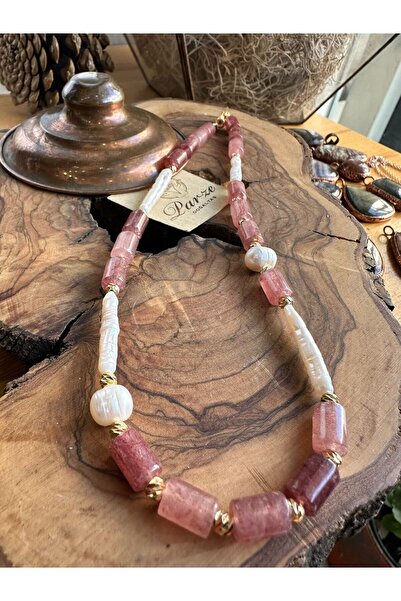 parze doğaltaş İnci ve Çilek Kuvars Tasarım Dizi Kolye