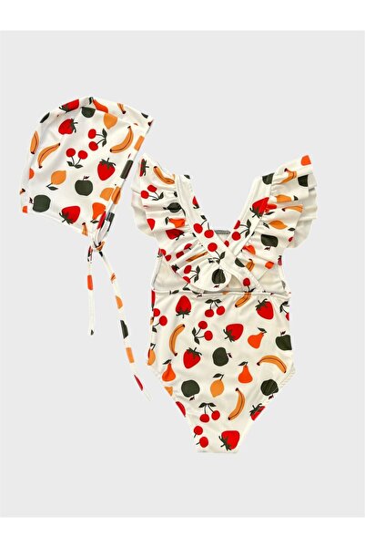 ALİŞ KİDS Girl's White Strawberry Cherry Banana Patterned Cross Strap Ruffled Bonnet Swimsuit