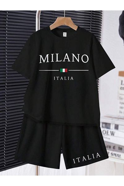 vinraus Girl\Boy Black Milano Italy Printed Combed Cotton Shorts-Tshirt Set