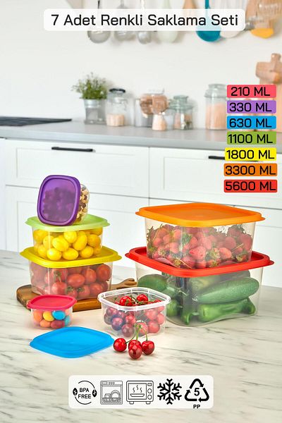 HOMENIVA 7 Size Square Storage Container Set - Storage Container Suitable for Microwave and Deep Freezer