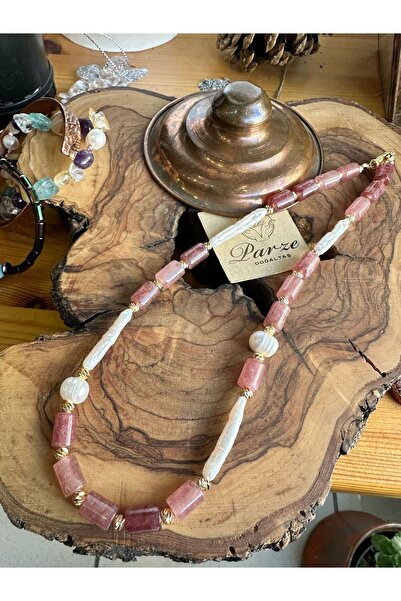 parze doğaltaş İnci ve Çilek Kuvars Tasarım Dizi Kolye