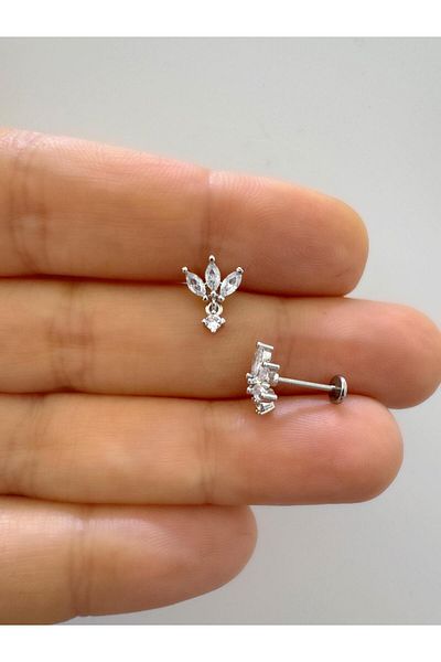 Arescollection 1 Piece Zircon Stone Plain Back Front Attached Tragus Helix Lobe Conch Compatible Piercing Earring