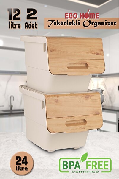 ego home 2 Bambu Renk Tekerlekli Patateslik Soğanlık Oyuncak Kutusu Sebzelik Patates Ve Soğan Sepeti Mote