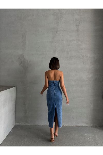 ADA MODA Rochie de soare din denim fără bretele, cu aplicații cu strasuri