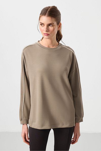 TOMMY LIFE Dark Beige Soft Textured O Neck Oversize Women's Tunic Sweatshirt - 97303