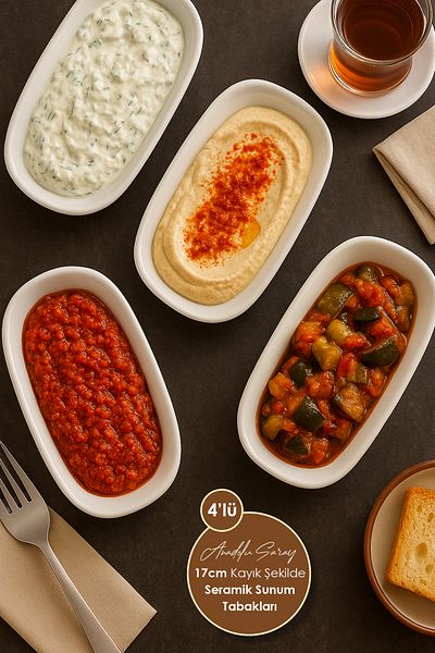 Anadolu Saray 4Pcs 17cm Boat-Shaped Ceramic Presentation Plate Service Presentation Appetizer Plate Sauce Bowl Jam Bowl Catering