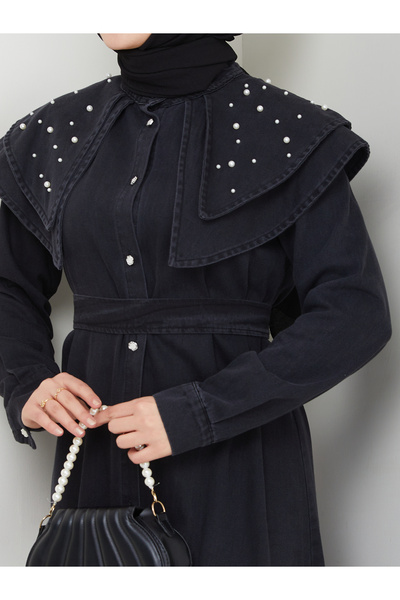 VOLT CLOTHİNG Women's Layered Pearled Denim Dress