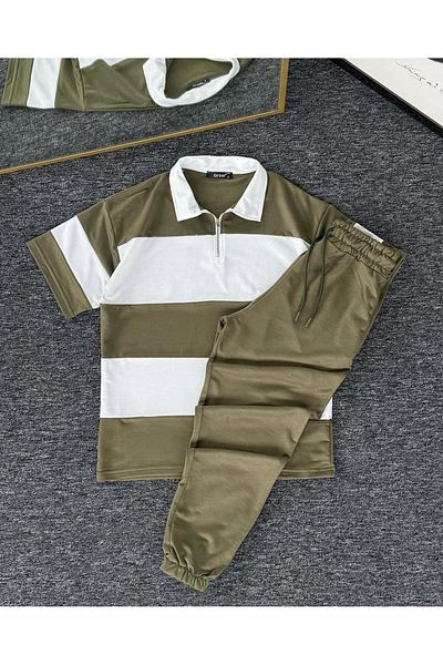 woonkey Unisex Oversized Striped Half Zip Polo Collar Track Suit Cotton Set of 2 New Season