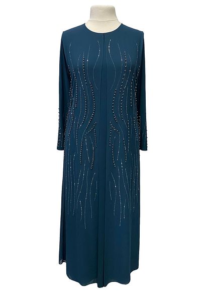 Giyinen Mağazaları Petrol Blue Asian Round Neck Stylish Stone Embroidered Plus Size Mother Evening Dress