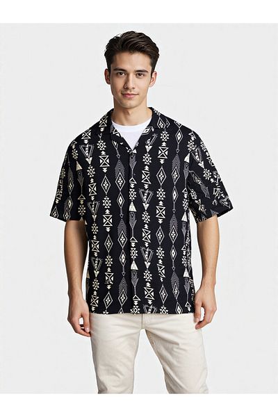 CANMODA Πουκάμισο με φιγούρες Aztec Relaxed Cut - Μαύρο - TH316
