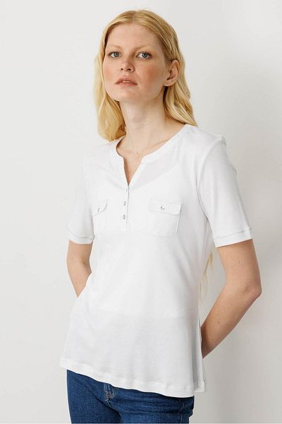 Desen Triko Tricou de damă din bumbac cu guler răsturnat cu buzunare în față alb
