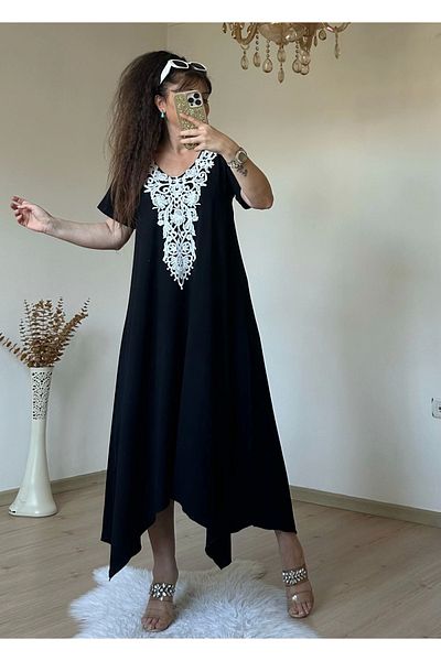 AZRA BUTİK Short Sleeve Collar Scalloped Dress