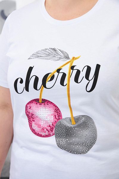 RMG Stone Embroidered Cherry Pattern Large Size T-Shirt White