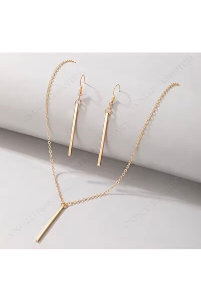 monalisatoka Kadın Gold Prizma Çubuk Sallantılı Kolye/Küpe Seti
