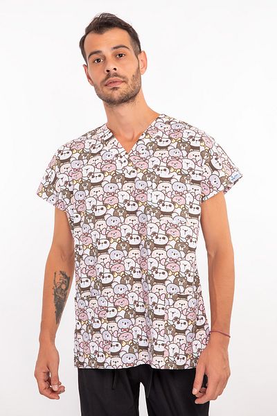 Nur Medikal Giyim Rochie medicală unisex din lycra cu model de ursuleț de pluș, culoare maro, pentru doctori și asistente, tricou superior.