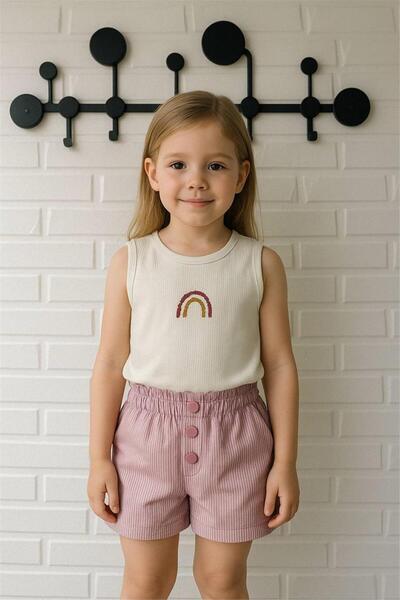 Motebarn Wear Girl's Rainbow Ribbed Tank-Shorts Top and Bottom Set Pink