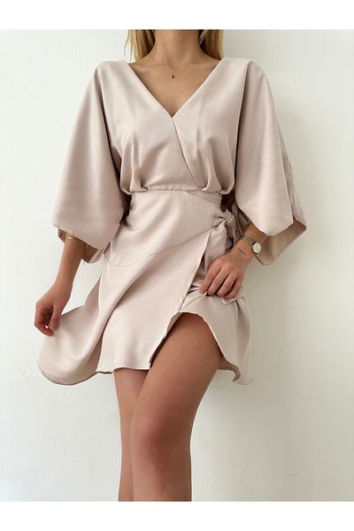 SHUGAA Women's V-Neck Buckle Detail Buckle Premium Linen Double Breasted Dress