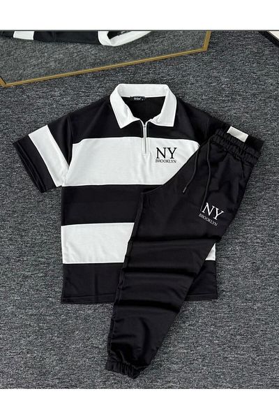 woonkey Unisex Black and White Striped Polo Neck Oversize Tracksuit Set of 2