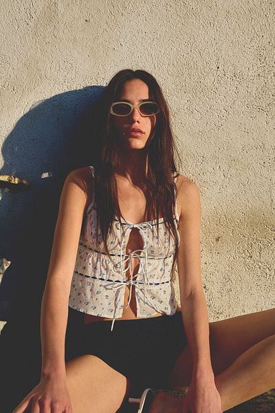 Bershka Printed lace trim top with ties