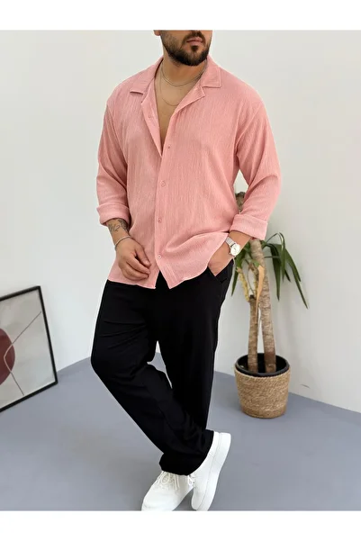 Combineman35 Dusty Rose Black Men's Summer Crinkle Lycra Fabric Long Sleeve Shirt Tracksuit 2 Piece Wrap Suit