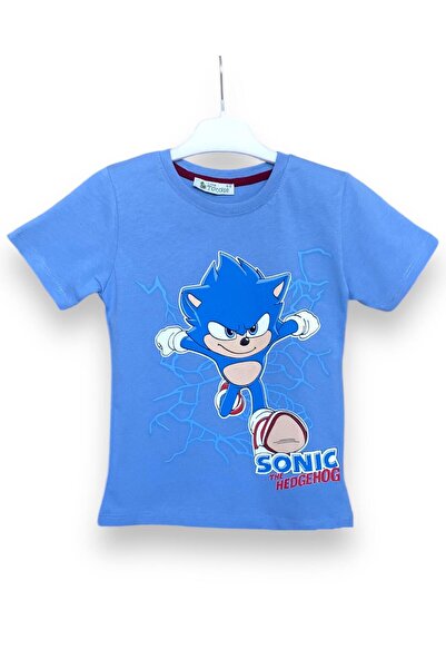 LİTTLE TORTOİSE Хлопчачий комплект з футболкою з принтом Sonic, синього кольору, з коміром-стійкою та шортами з кишенями