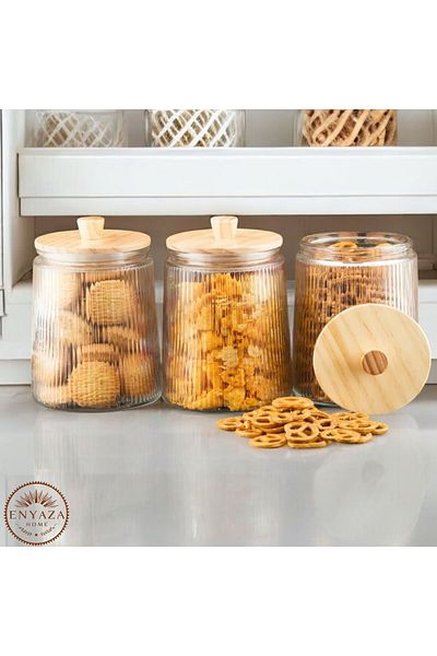 ENYAZA(2024) 3-Piece Bamboo Vacuum Lid Striped Glass Tea Sugar Coffee Salt Pulses Storage Jar 1300 ml