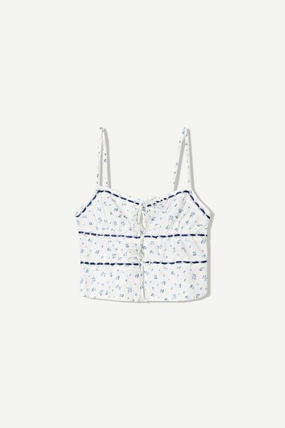 Bershka Printed lace trim top with ties