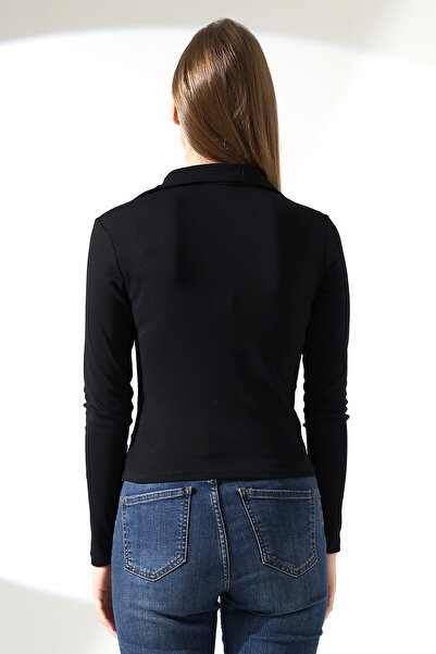 Endies Γυναικείο μπλουζάκι με μακρυμάνικο γιακά χωρίς κουμπιά Basic 21938 ΜΑΥΡΟ