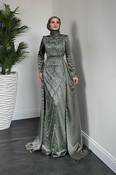 MERVEN AKYÜZ Βραδινό Σατέν Φόρεμα Carmelita Cape Khaki