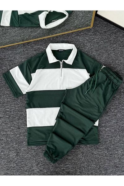 woonkey Unisex Oversized Striped Half Zip Polo Collar Track Suit Cotton Set of 2 New Season