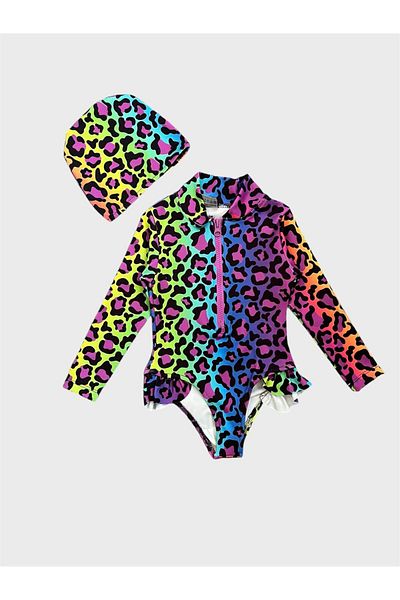 ALİŞ KİDS Girl's Pink Leopard Patterned Front Zipper Long Sleeve Ruffled Bonnet Swimsuit