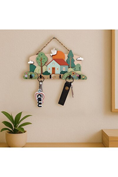 CajuArt Şirin Ahşap Köy Evi Temalı Boyutlu Pastel Anahtarlık Duvar Askılık Dekor