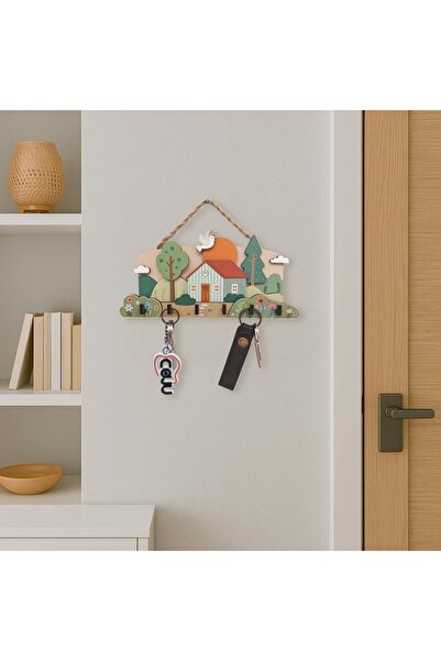 CajuArt Şirin Ahşap Köy Evi Temalı Boyutlu Pastel Anahtarlık Duvar Askılık Dekor