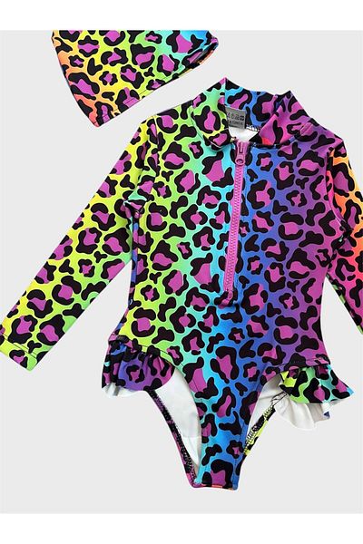 ALİŞ KİDS Girl's Pink Leopard Patterned Front Zipper Long Sleeve Ruffled Bonnet Swimsuit