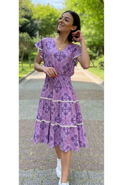 Tubik Women's V-Neck Guipure Detailed Gimped Mini Dress