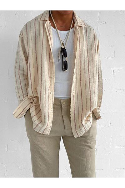 ablukaonline Men's Oversize Cotton Soft Textured Striped Shirt Red Beige