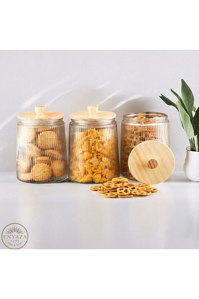 ENYAZA(2024) 3-Piece Bamboo Vacuum Lid Striped Glass Tea Sugar Coffee Salt Pulses Storage Jar 1300 ml