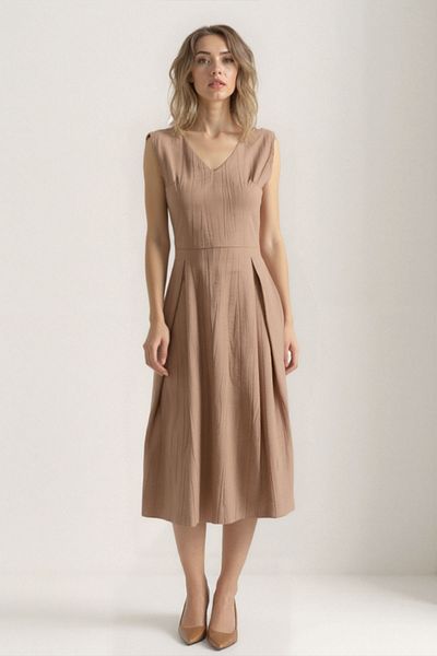 Vitrin V-Neck Belted Crinkle Fabric Midi Dress