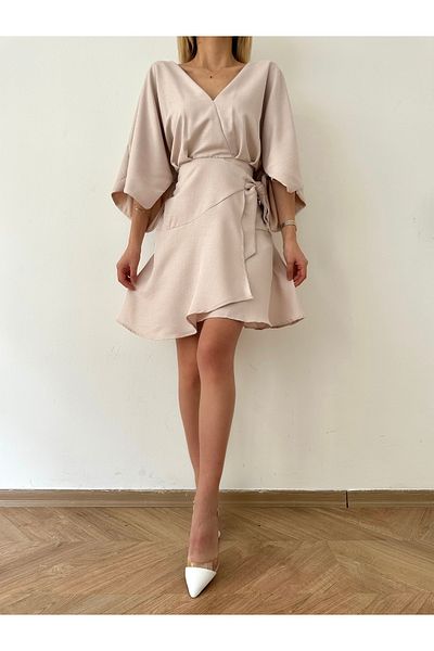 SHUGAA Women's V-Neck Buckle Detail Buckle Premium Linen Double Breasted Dress