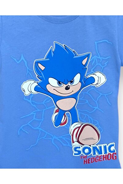 LİTTLE TORTOİSE Хлопчачий комплект з футболкою з принтом Sonic, синього кольору, з коміром-стійкою та шортами з кишенями