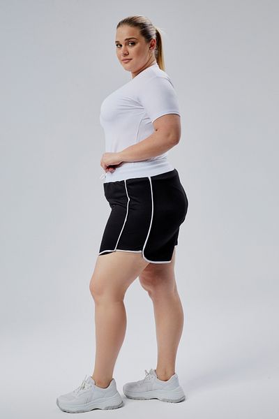 BANEGA Curve Plus Size Women's Piping Detailed Knitted 100% Cotton High Waist Black Shorts & Bermuda