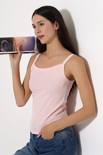 Endies Ribana Fabric Square Collar Thick Strap Bias Basic Women's Athlete T-Shirt 22018 Powder